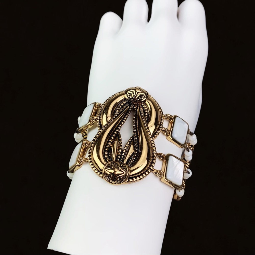 Vintage Barse Gold White Mother of Pearl Bronze Beaded 4 Strand Toggle Bracelet